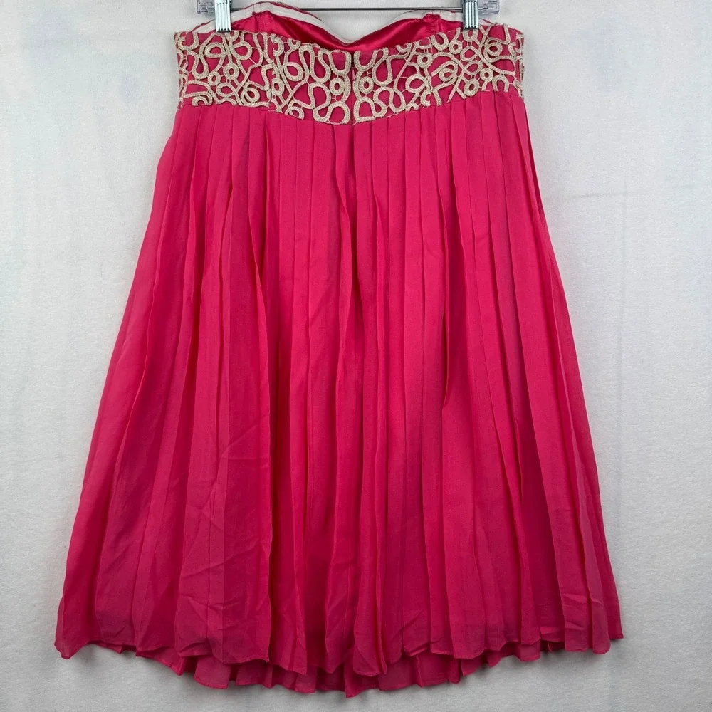 Lilly Pulitzer Pink‎ Pleated Skirt Gold Lace Trim Sweetheart Strapless Dressy 10 - Picture 4 of 7